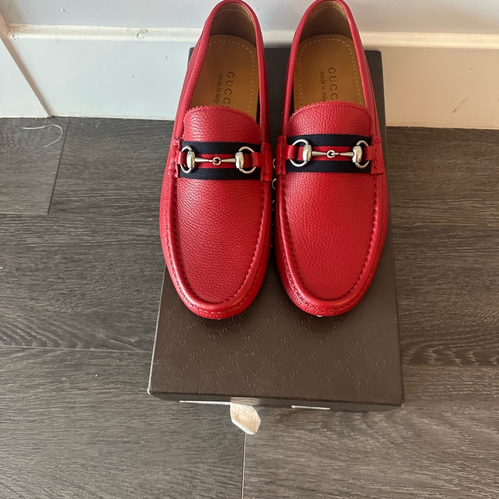 Gucci Red Leather Slip-On Loafers with Horsebit
